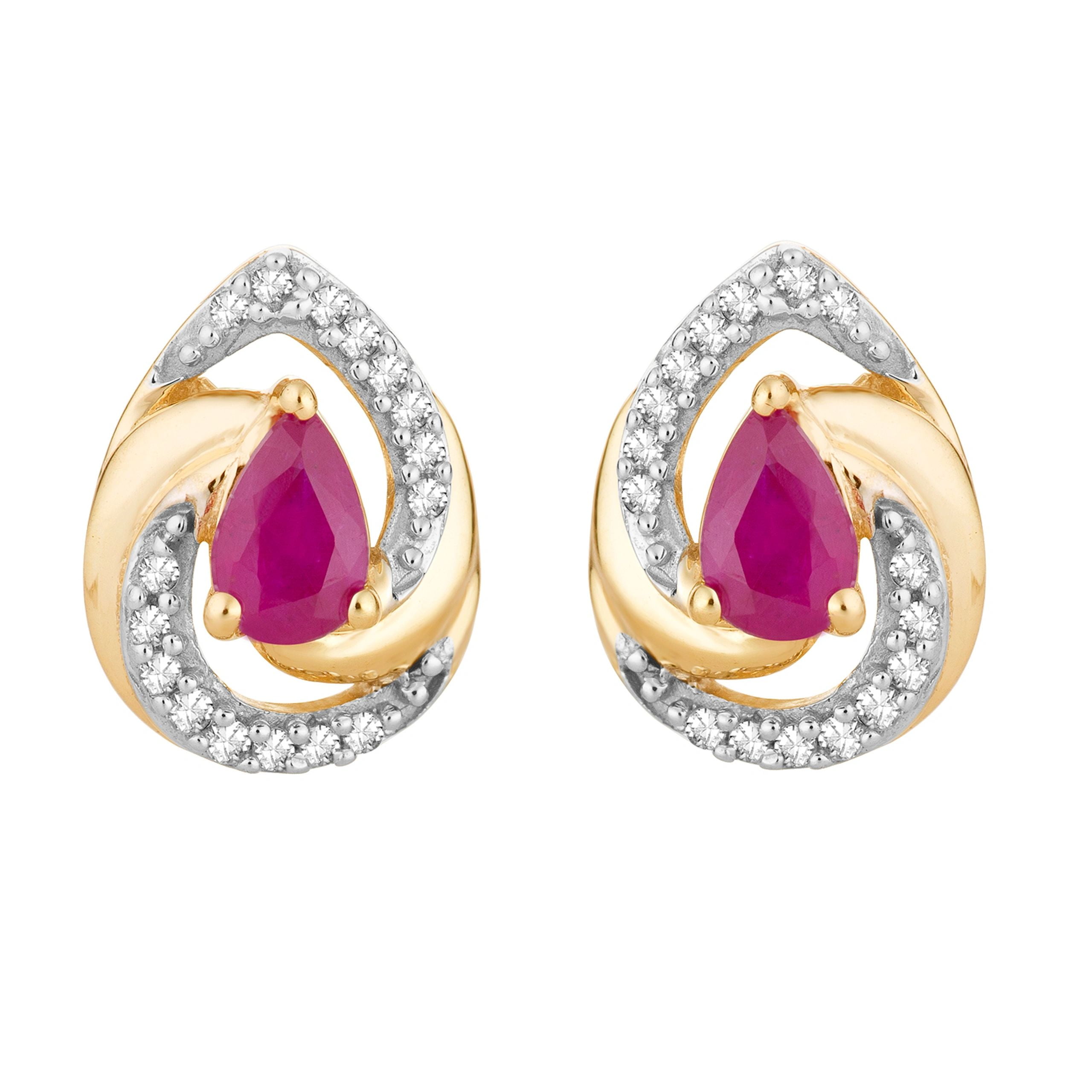 10k Gold Ruby & 1/10 Carat T.W. Diamond Teardrop Stud Earrings