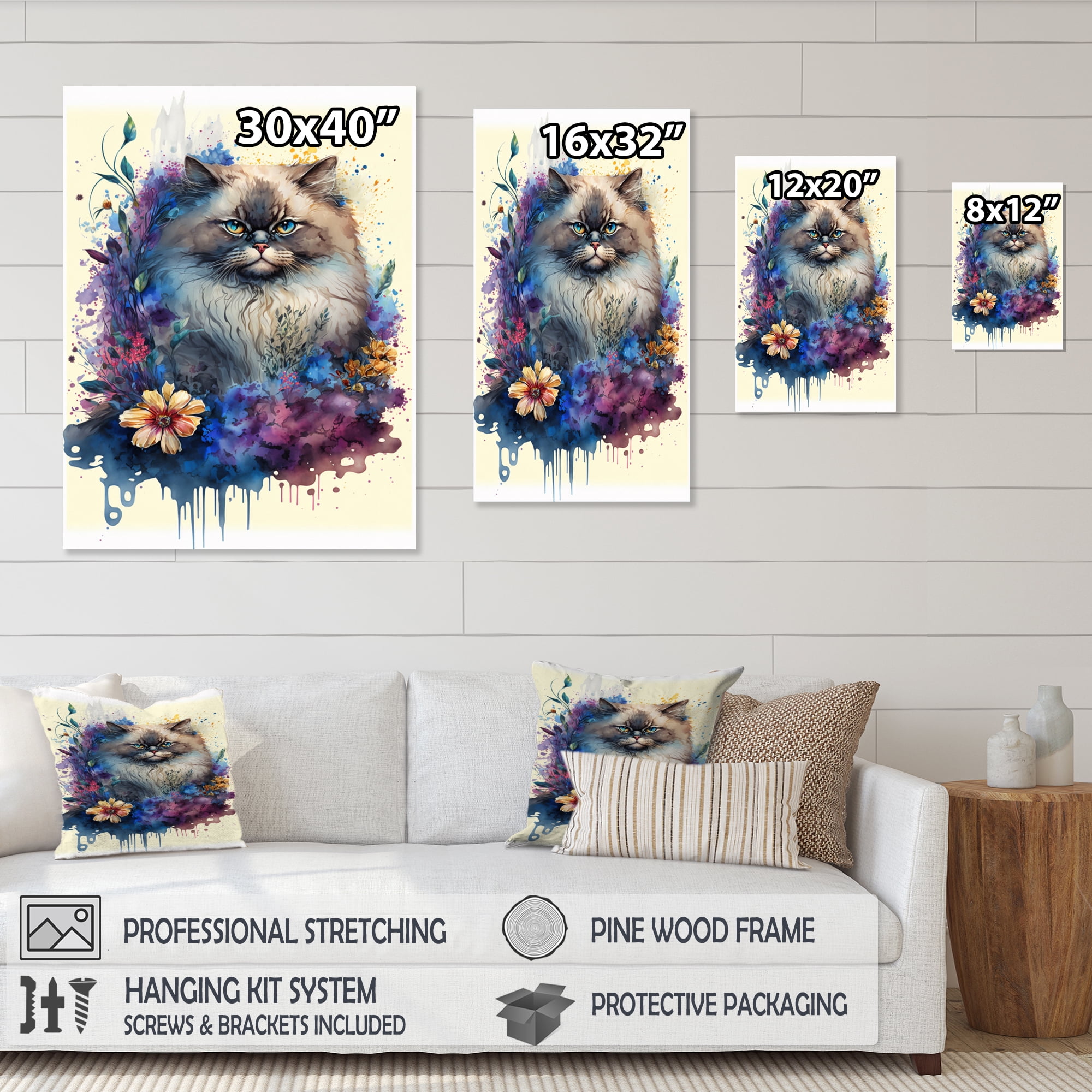 Designart Cute Persian Cat Floral Art II Canvas Wall Art