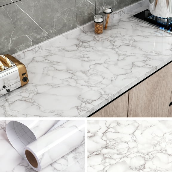 VEELIKE Grey Marble Contact Paper for Countertops 15.7"x118.1" White Marble Wallpaper for Cabinets Kitchen Self Adhesive Peel and Stick Wallpaper Removable Waterproof Vinyl Film for Countert Top Liner