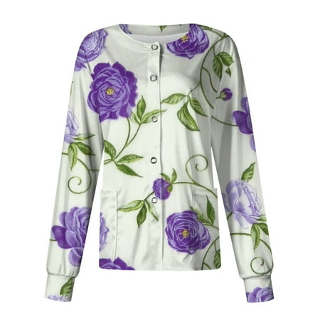 

Qcmgmg Scrubs for Women Button Down Floral Crew Neck Long Sleeve Scrub Jackets for Women Clearance Medical Uniforms Nurse Workwear Scrub Jackets for Women with Two Pockets