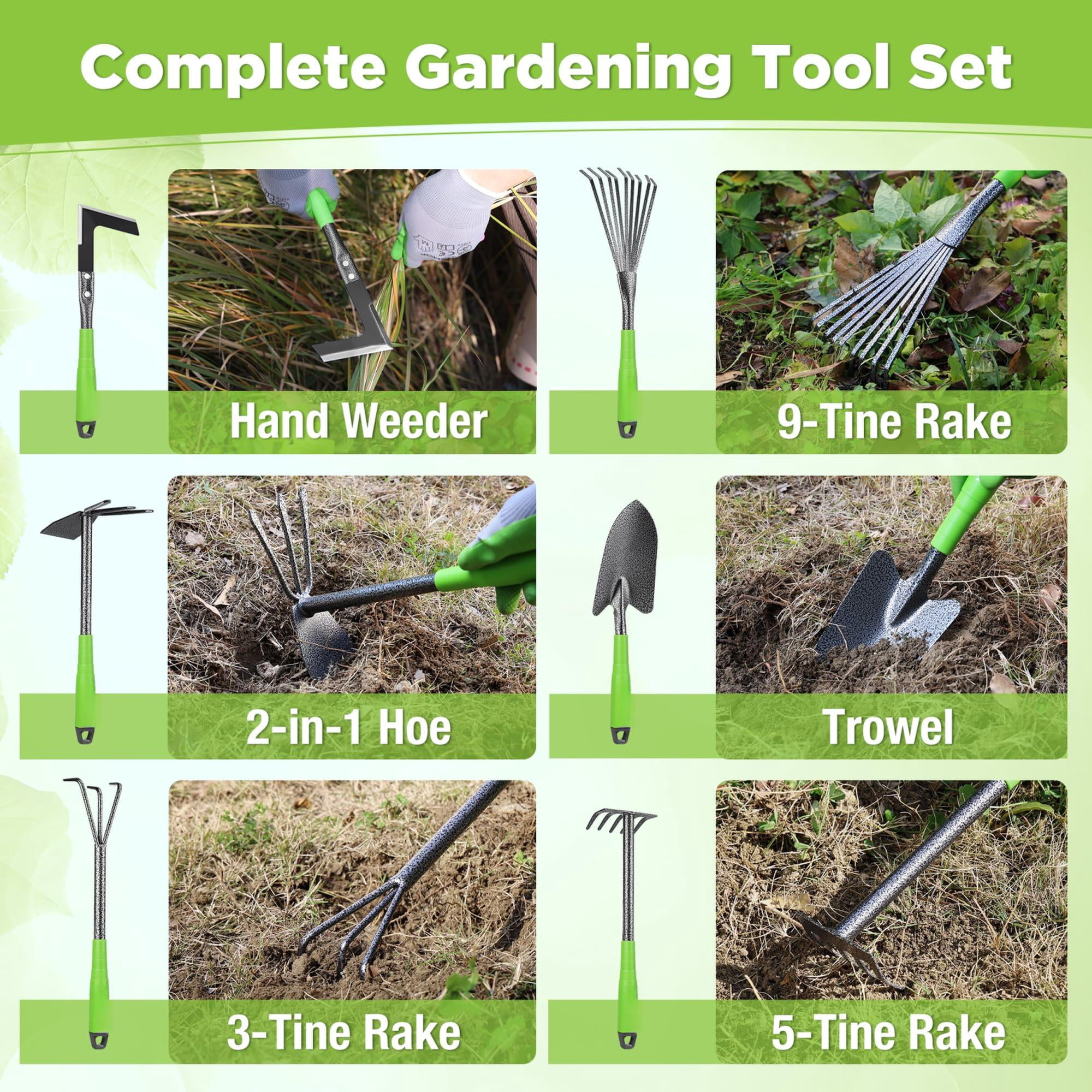 6-piece Garden Tool Set  Heavy Duty Gardening Hand Tools With Soft Rubber Handle Including Trowel Rakes 2-in-1 Hoe And Crack Weeder Ideal Gifts For Men Women