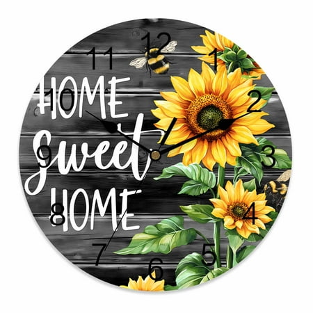 Silent Wall Clocks Battery Operated, Vintage Floral Sunflower Round Decorative Wall Clock for Living Room Bedroom Kitchen Bathroom Classroom Decor, 12 Inch Home Sweet Home Rustic Black Farm Wood