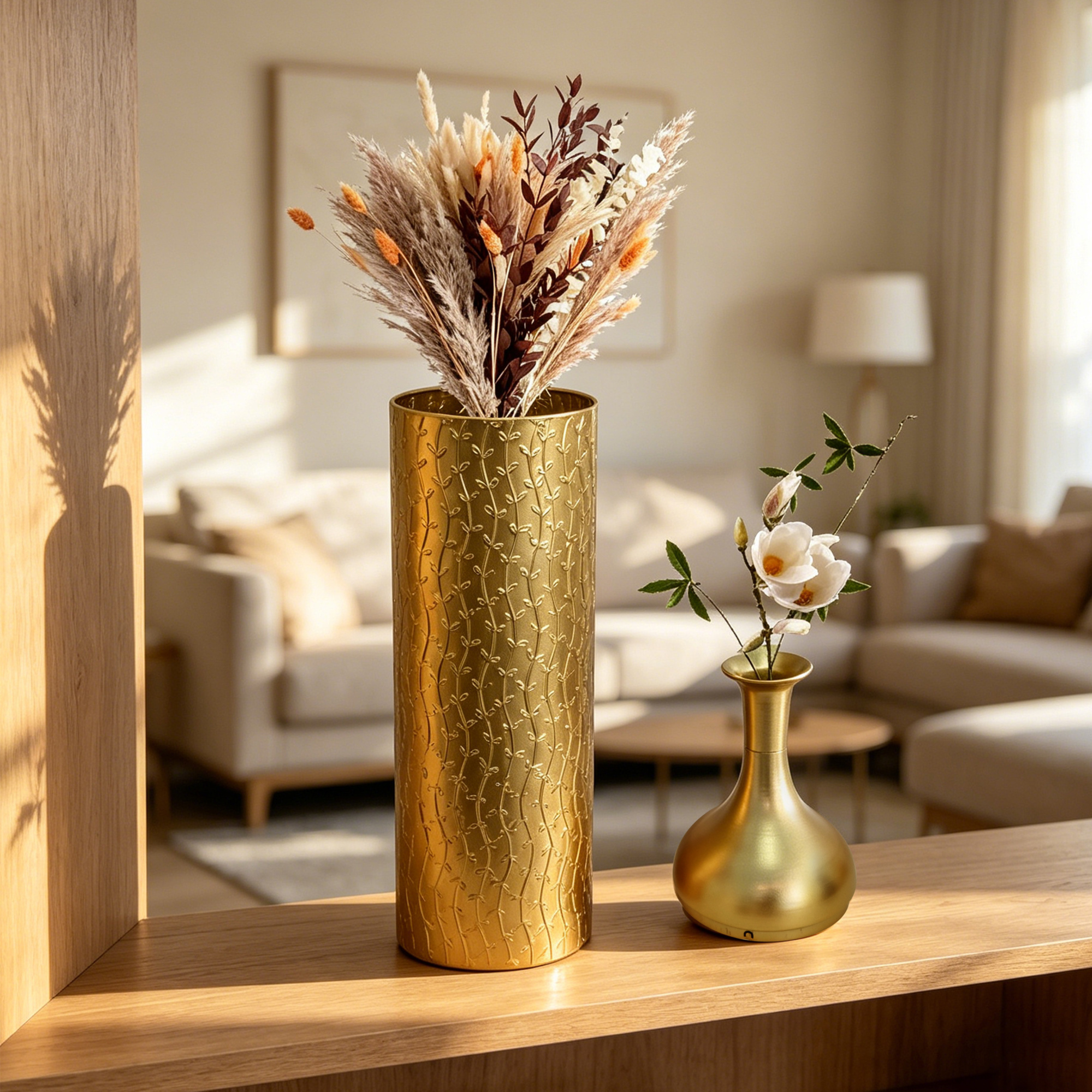 Leumius Decorative Metal Vases Set of 3, Gold Leaf Pattern Floor Vases, Gold Tall Vases for Home Decor, Living Room Entryway Decor