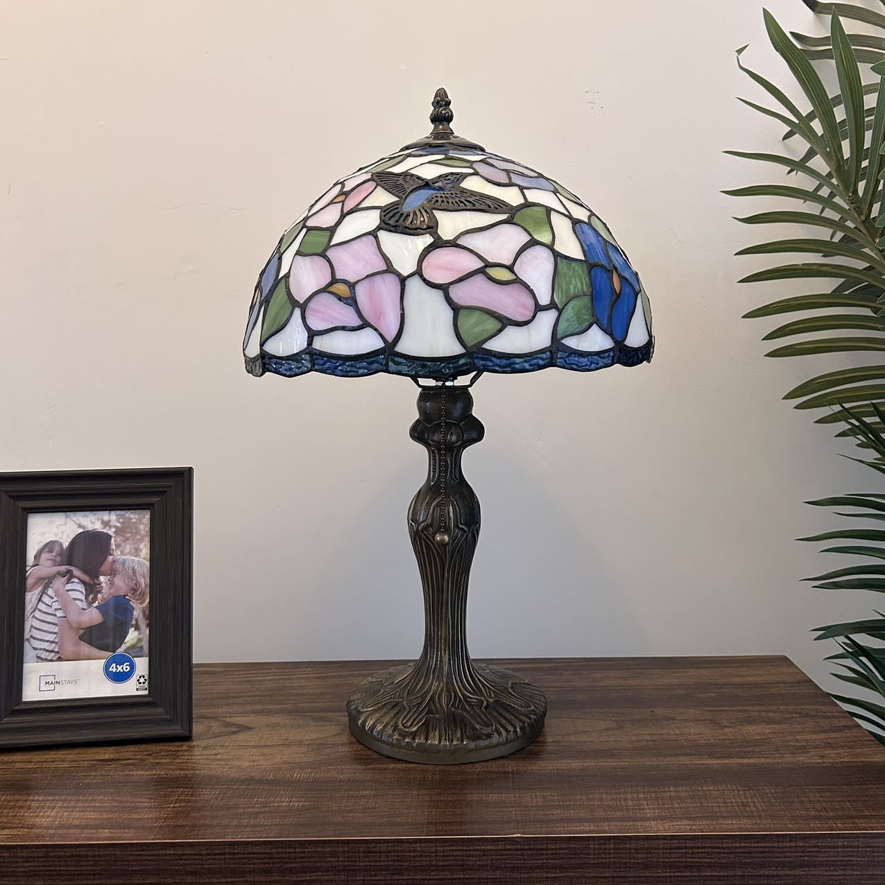Pink Blue Stained Glass Table Lamp Hummingbird Flowers for Living Room Bedroom Bedside 12"W*12"D*19"H