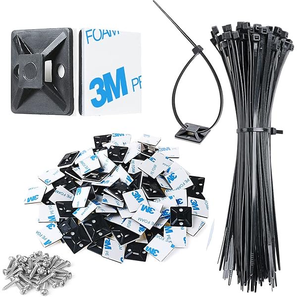 Soportes para bridas de cable autoadhesivas negras de 3/4" con pegamento fuerte XHF (100 unidades) con bridas de 8", tornillos y protección UV. Sujeciones adhesivas para cables en