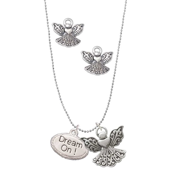 Delight Jewelry Silvertone Dream On Oval Silver tone Guardian Angel Charm Necklace and Stud Earrings