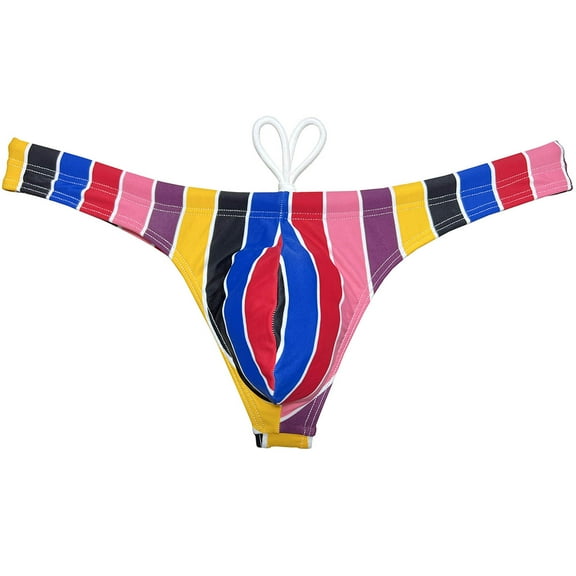 Botmois Men's Bikini Briefs Drawstring Swimwear Swim Thong Underwear Enhancing Pouch Beach Swimsuit Quick-dry Printed Big Red Stripe M