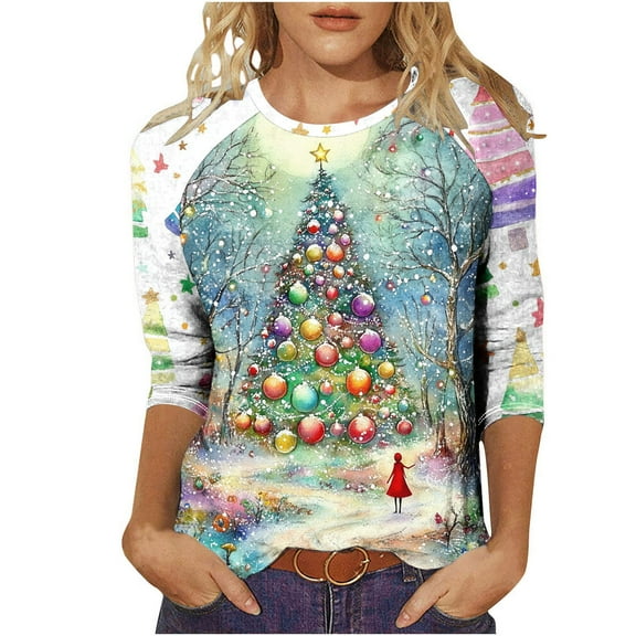 LiMoi Women's Round Neck Festive Tshirt Soft Three Quarter Sleeve Blouse with Christmas Tree Print Tops Tees Shirts for Women My Items