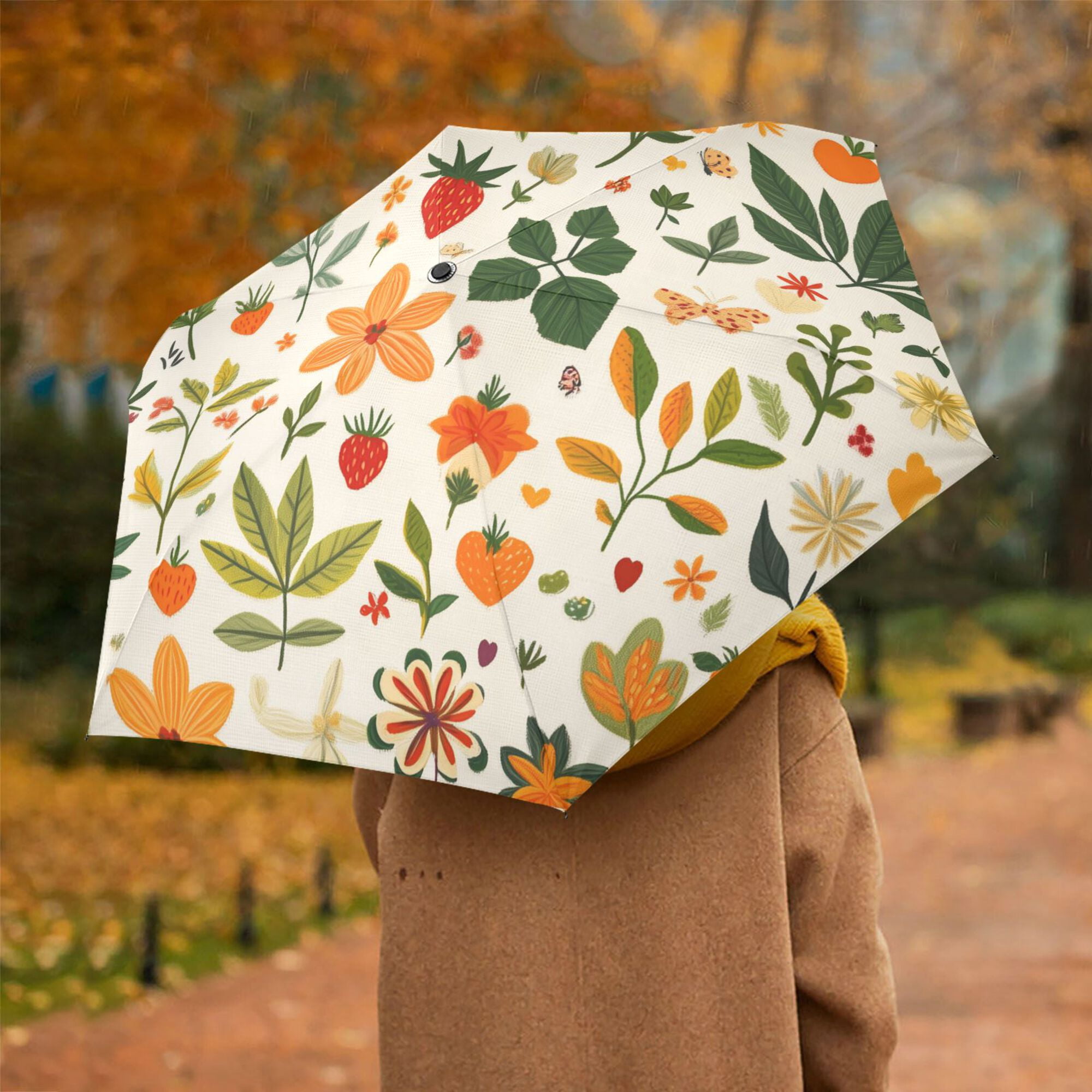 FORMRS Travel Umbrella Folding Auto Open Close Windproof Rain UV Protection, Leaves Pattern