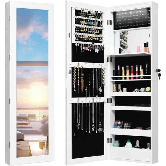 Brezey LED Jewelry Cabinet Wall Mounted Door Hanging, Lockable Jewelry Armoire with 47.2'' Full Length Mirror, Foldable Makeup Tray, Lipstick Brush Holders, Jewelry Storage Organizer (White)