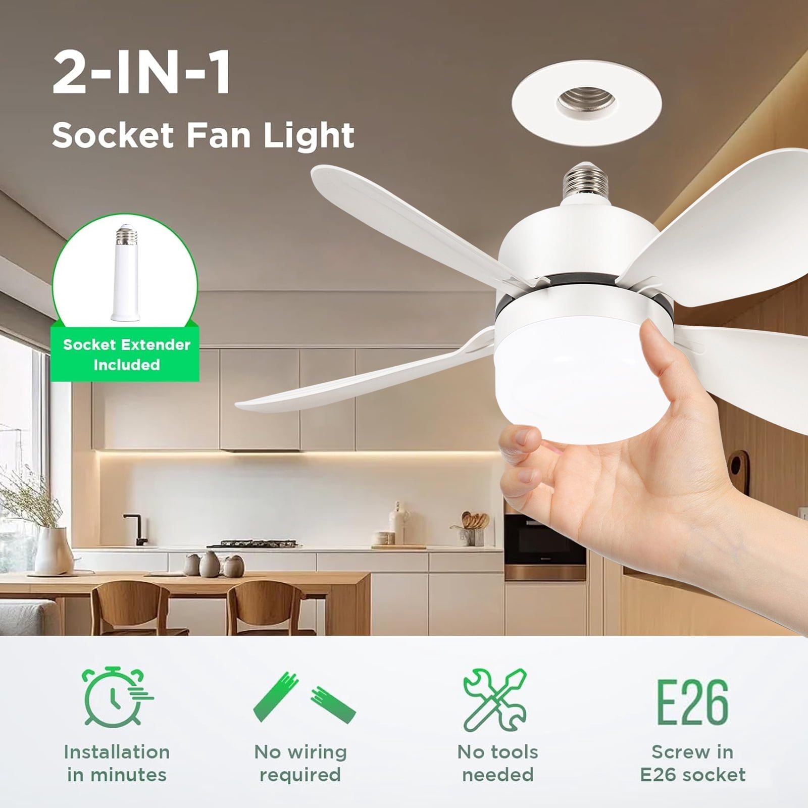 Socket Fan Light, 1000 Lumens 16" LED Ceiling Fans with Lights and Remote, 3000K-6500K Dimmable 5 Blades Screw in Ceiling Fan for Indoor Bedroom Living Room Cloakroom Kitchen Garage