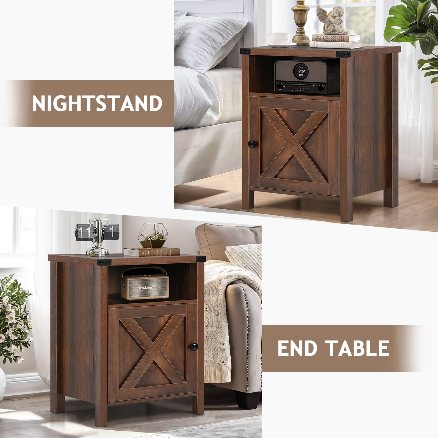 4 Ever Winner Rustic Bedside Barn Nightstand Set of 2, Compact End Table with Storage, Oak