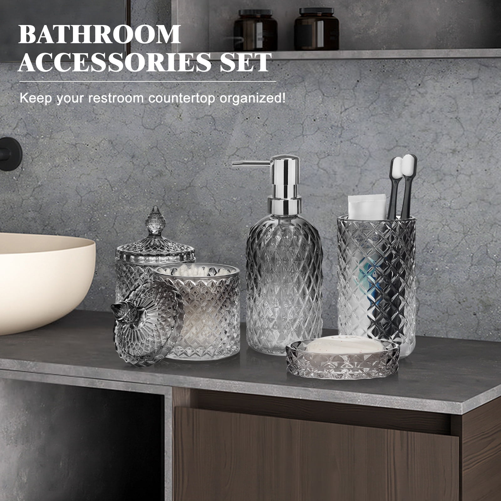 Bathroom Soap Dispenser Set, 5-Piece Glass Bathroom Accessories, Modern Bathroom Decor, Bathroom Glass Accessories Set, Gradient Dark Gray