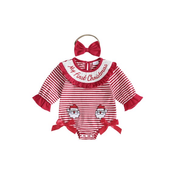 Cjfdfy Newborn Baby Girl Christmas Romper Santa Applique Long Sleeve Striped Bodysuits With Red Ruffles and Bow Headband Set Infant Cute My First Christmas Outfit 0-18M