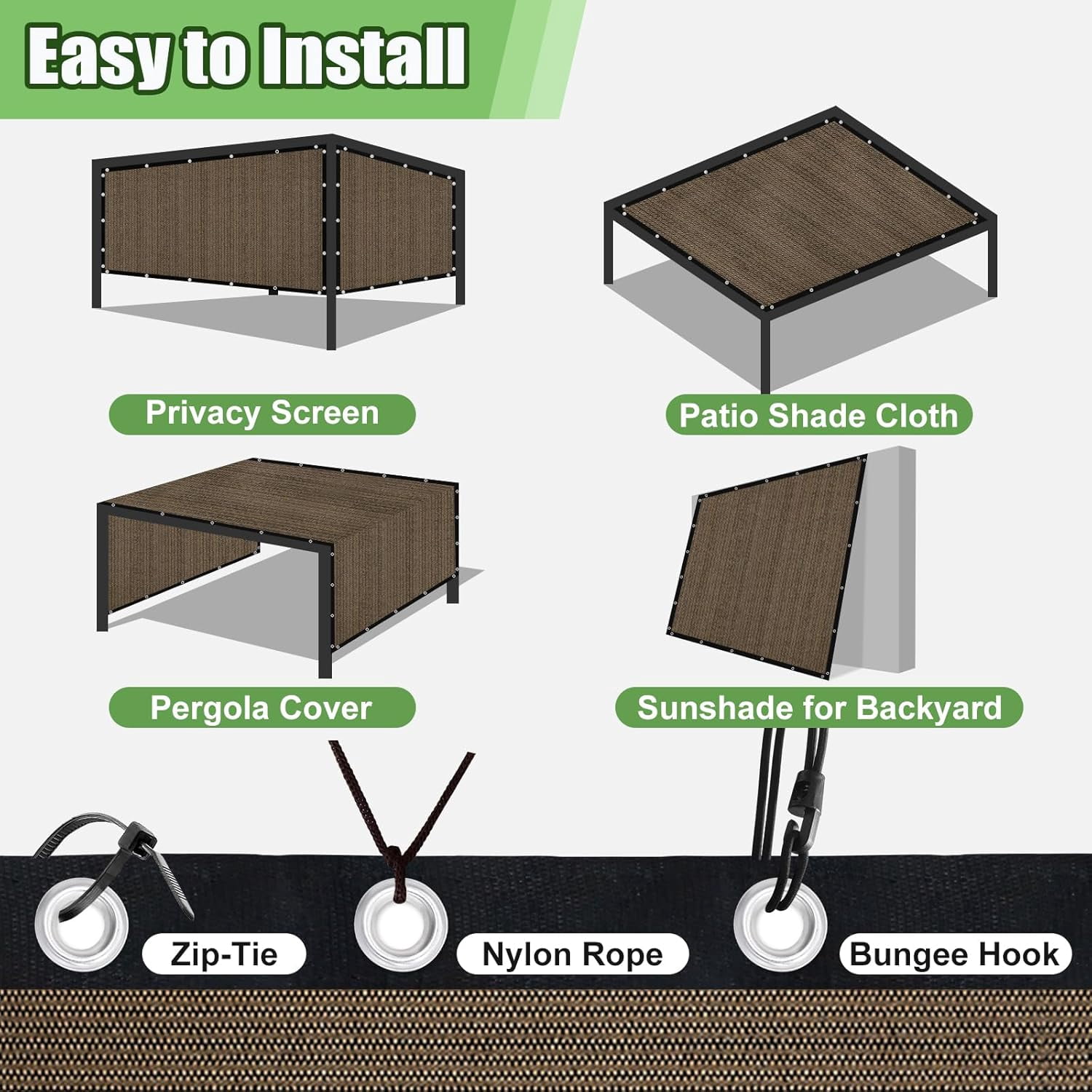 90% UV Block Sun Shade Cloth with Grommets, Outdoor Pergola Shade Cover for Patio Garden Backyard（Mocha，6'×16'）