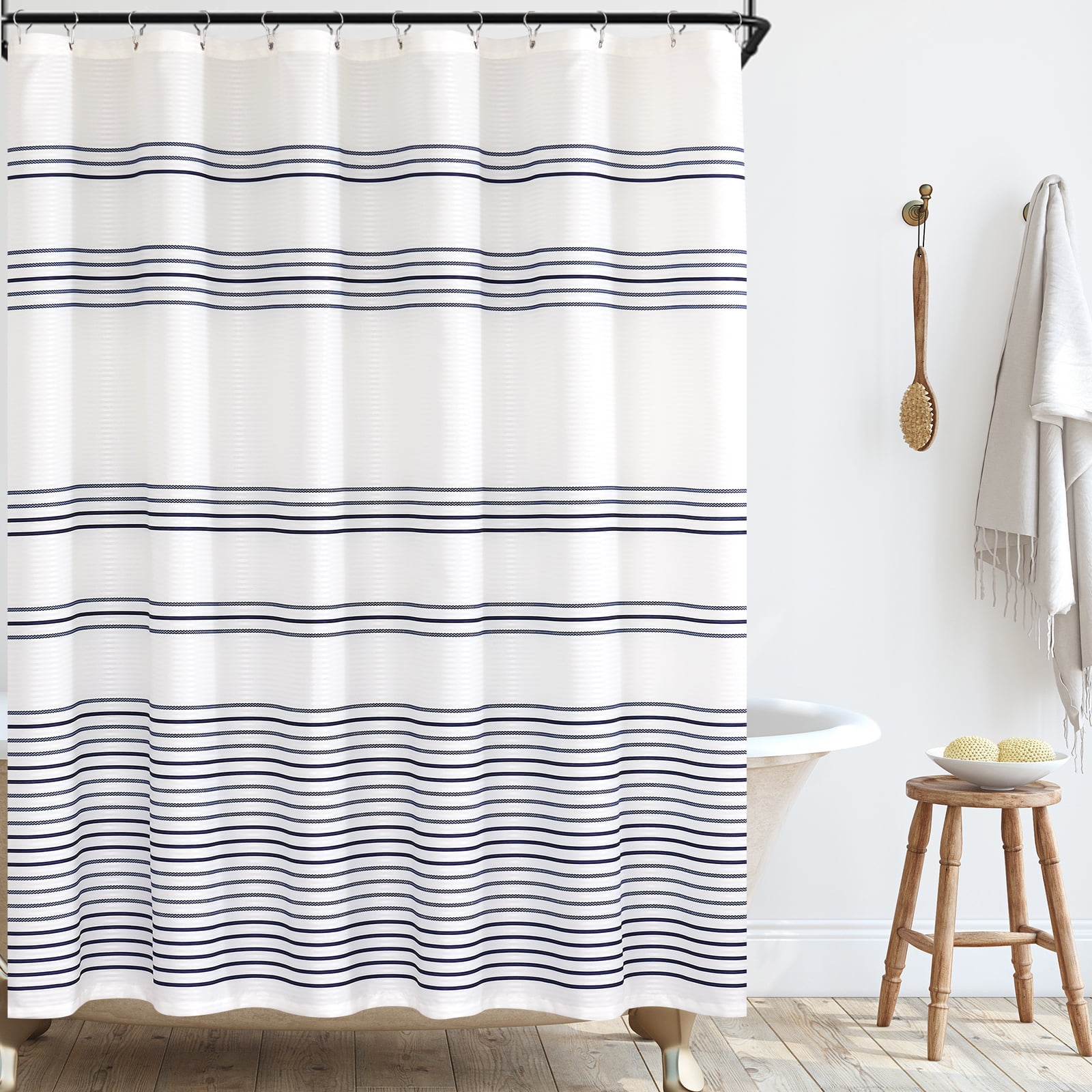 Curtainking White Shower Curtain with Blue Stripes Bathroom Modern