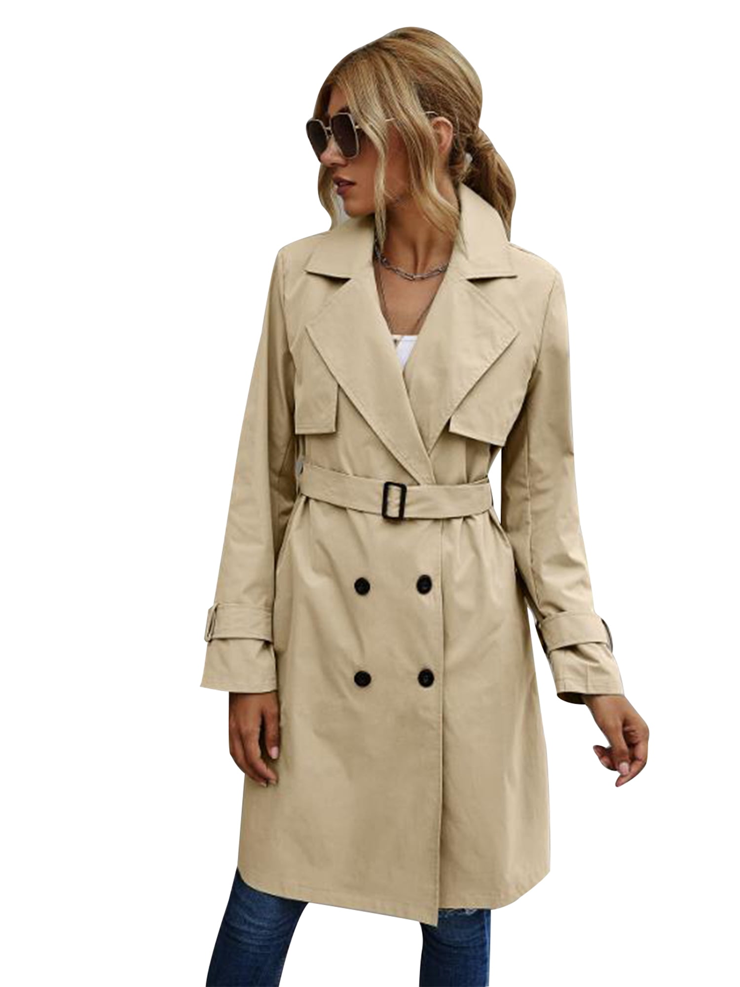 Women Double Breasted Belt Lapel Slim Fit Trench Coat Mid Long Lace Jacket New
