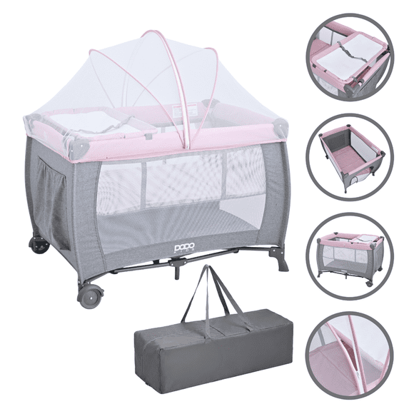 Cuna Corral Dodo Baby Lumi Con Cambiador Y Mosquitero Rosa