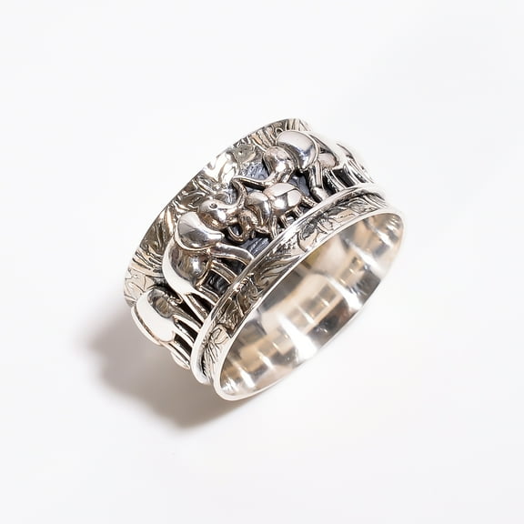 SATYAVIE JEWELLERY Silver Meditation Ring, Spinner Ring for Her, Thumb Ring, 925 Sterling Silver Ring Size US 10, Beautiful Elephant Design Ring Spinner