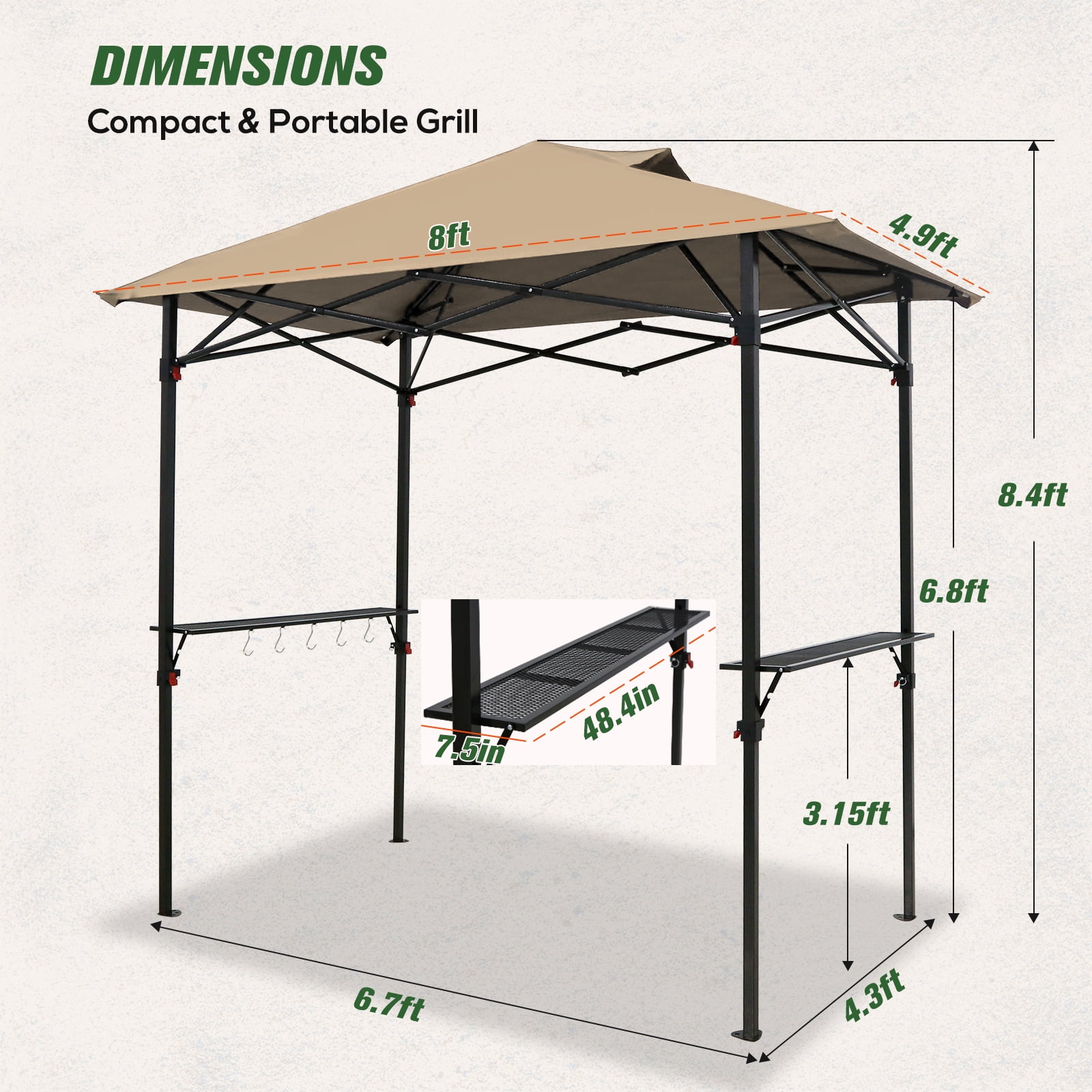 COOS BAY 8'x5' Pop up Grill Gazebo Portable BBQ Gazebo Canopy Tent with Carry Bag, Outdoor Barbeque Shelter, Beige