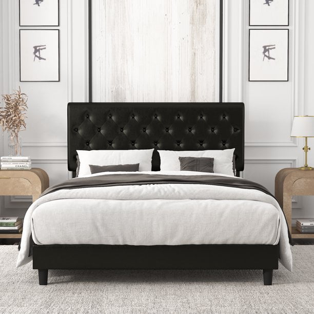 Amolife King Bed Frame with Adjustable Headboard, Diamond Button Tufted Style, Black