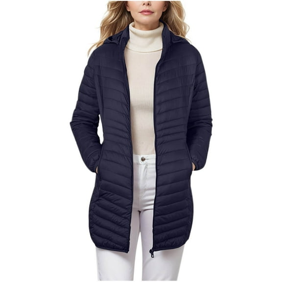 Scyoekwg Womens Winter Jacket Padded Coats Long Sleeve Zip Up Jackets Casual Fashion Lapel Down Jacket With Pockets (Dark Blue,M)