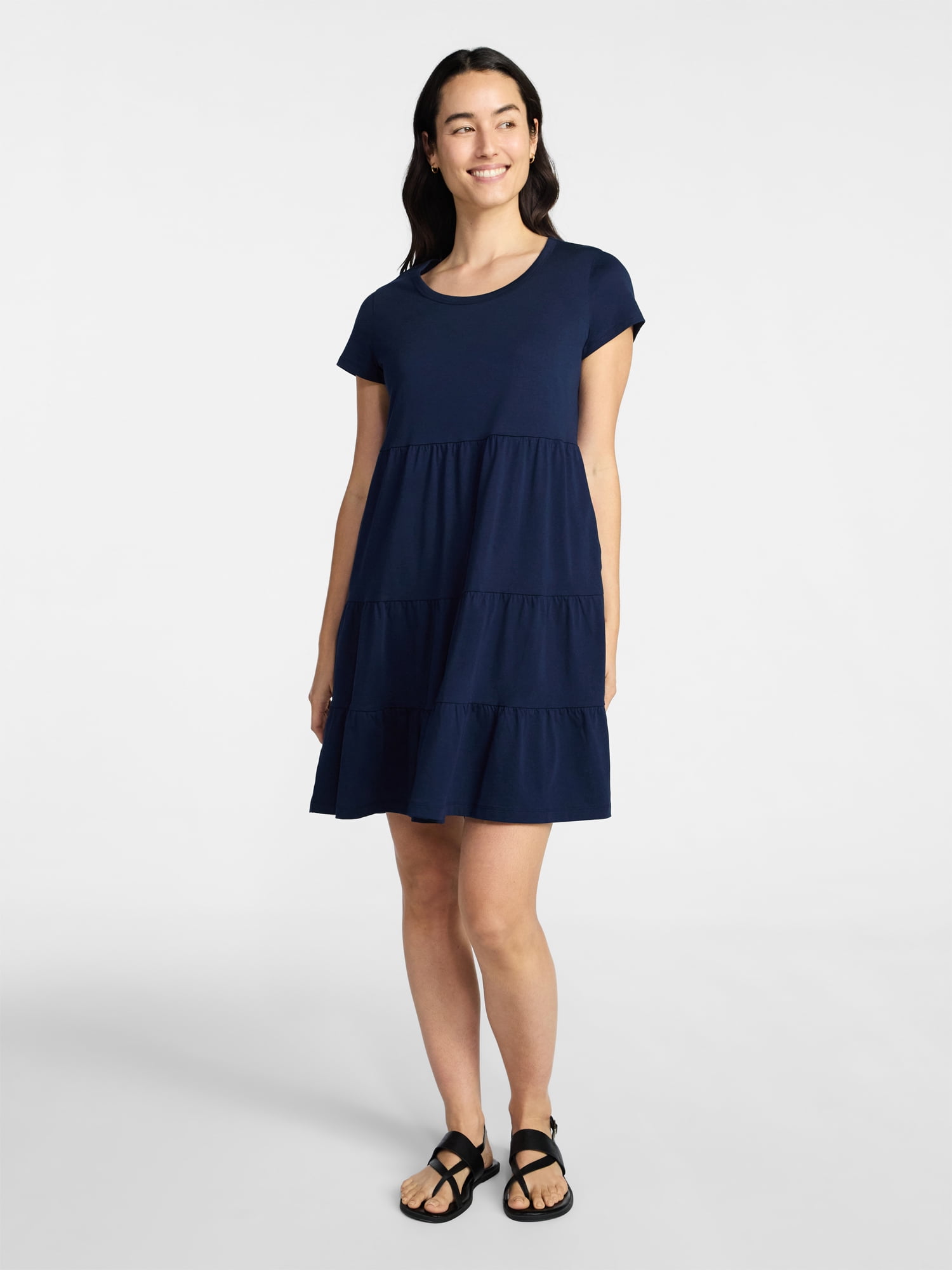 Time and Tru Women's Tiered Cotton Mini Dress with Short Sleeves, Sizes XS-XXXL