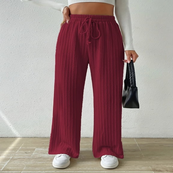 LYMAYTER Women Wide Leg Pants Ribbed Knit Lounge Pants for S-2XL Solid Color Elastic Waist Loose Trousers
