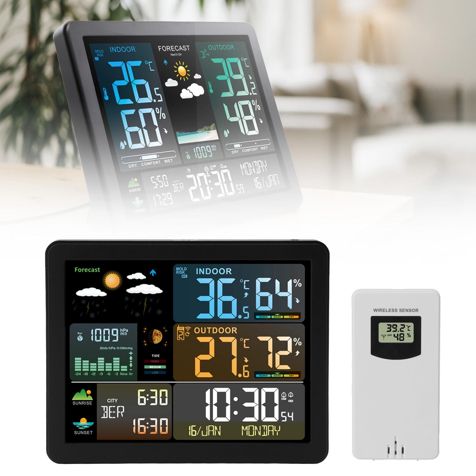 Xirurus Wireless Weather Station – Digital Display, Indoor/Outdoor Temp & Humidity, 6‑Hour Forecast, Moon Phase, Sunrise/Sunset, Alarm Clock