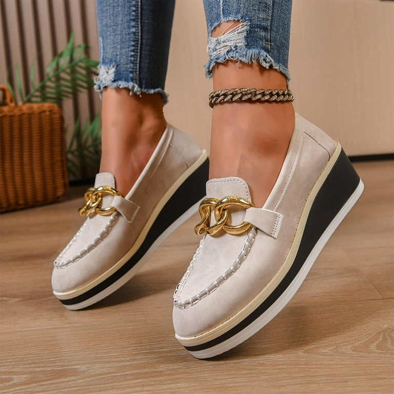 princess polly baby blue dress Aunvito Women's Gold Chain Detail Faux Suede Loafers with Comfortable Wedge Sole, Easy Slip-On Casual Shoes in Beige/Navy/Black