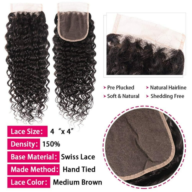 Water Wave Bundles with Closure Human Hair (18 20 22+16) 12A Brazilian Virgin  Hair Wet and Wavy Human Hair Weave Bundles with Lace Closure Free Part 100% Human  Hair Ocean Curly 3