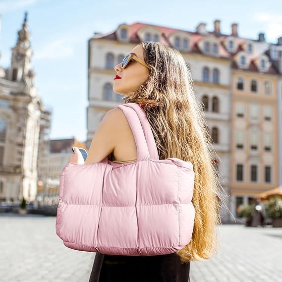 Puffer Tote Bag for Women, Large Quilted Puffy Handbag Lightweight Satchel Purse for Work Travel Gym Shop