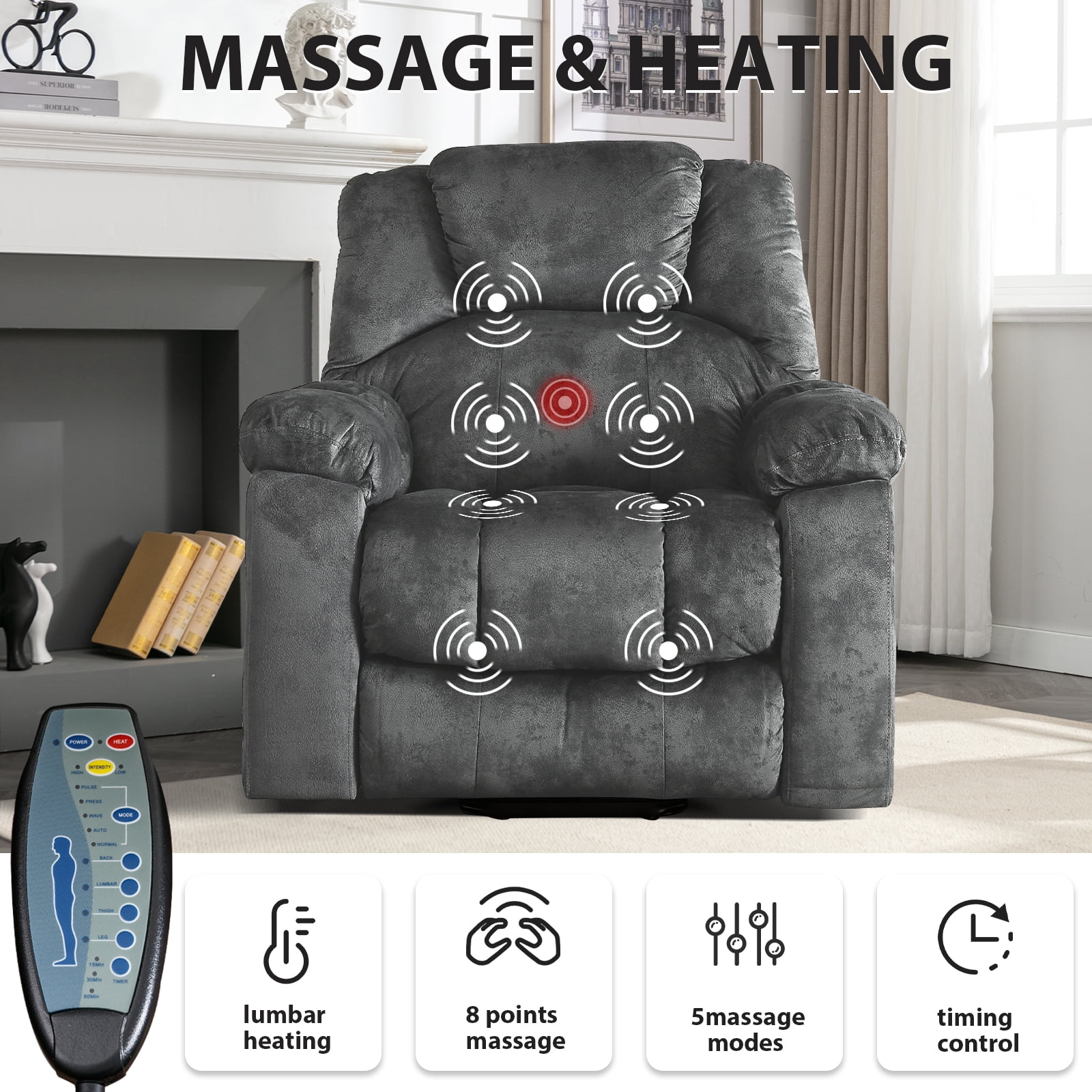 Bonzy Home Power Lift Recliner,Elderly Lift Chair with Heat Therapy and Massage Function,Remote Control,Side Pocket,Living Room, Gray