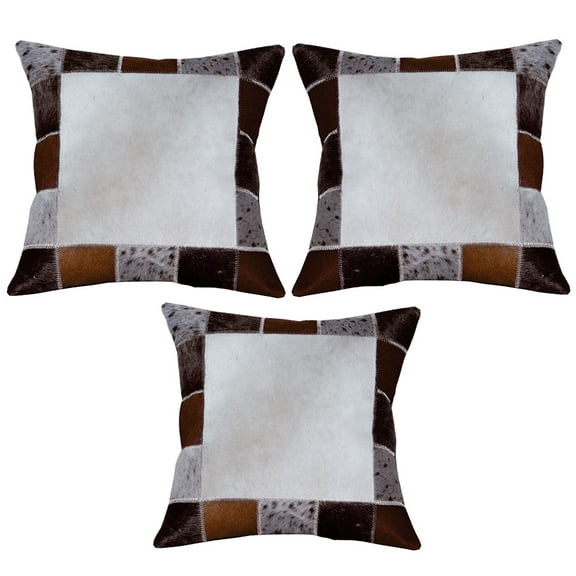 Hilason Set Of 3 Cowhide Leather Hair-On Patchwork Cushion Pillow Cover 16 X 16