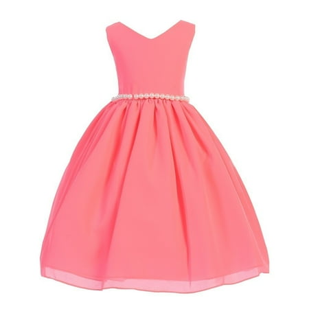Waisted Wool - Girls Neon Pink Wool Dobby V-neck Pearl Waist Junior Bridesmaid Dress