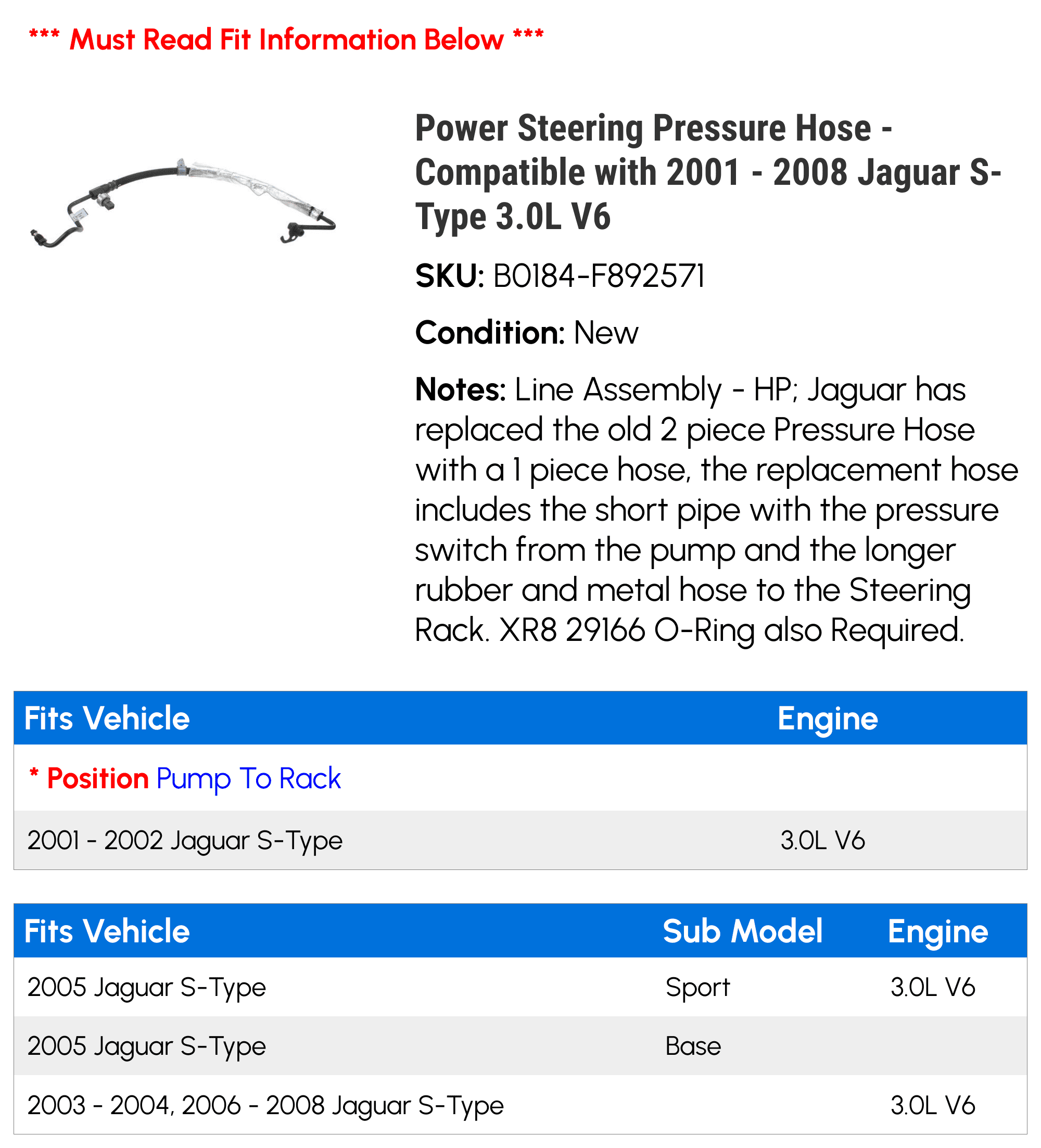 Power Steering Pressure Hose - Compatible with 2001 - 2008 Jaguar S-Type 3.0L V6 2002 2003 2004 2005 2006 2007