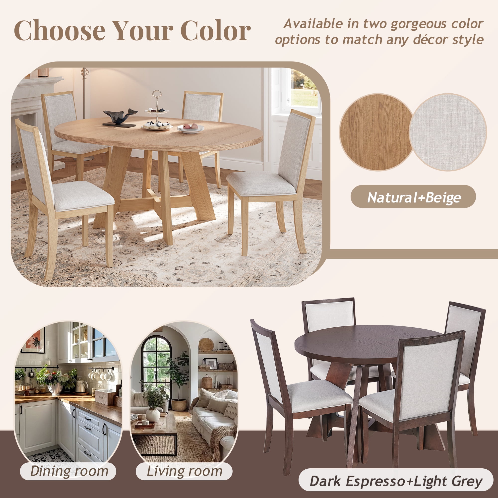 Euroco 5-Piece Round Dining Table Set for 4, Farmhouse Extendable Kitchen Table Set with Removable Leaf and 4 Upholstered Chairs for Small Places,Natural