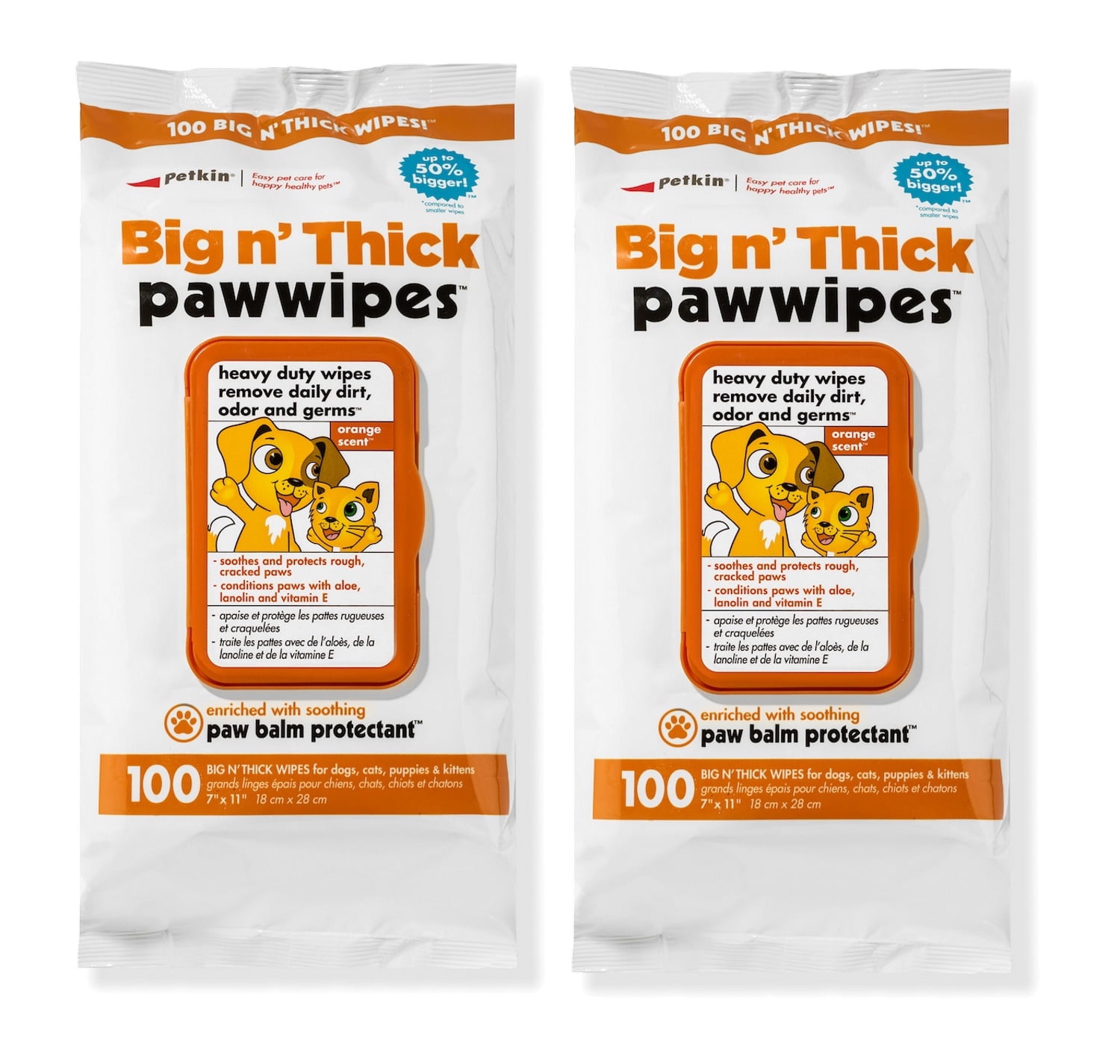 Petkin Big N' Thick Paw Wipes, 100 Orange Scented Wipes Heavy Duty