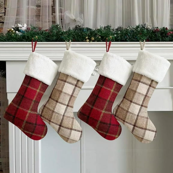 Dalrosia Buffalo Plaid Christmas Stockings, 22 Inch Large Red & Beige Checked Xmas Stocking for Family Decorations Holiday Party Décor