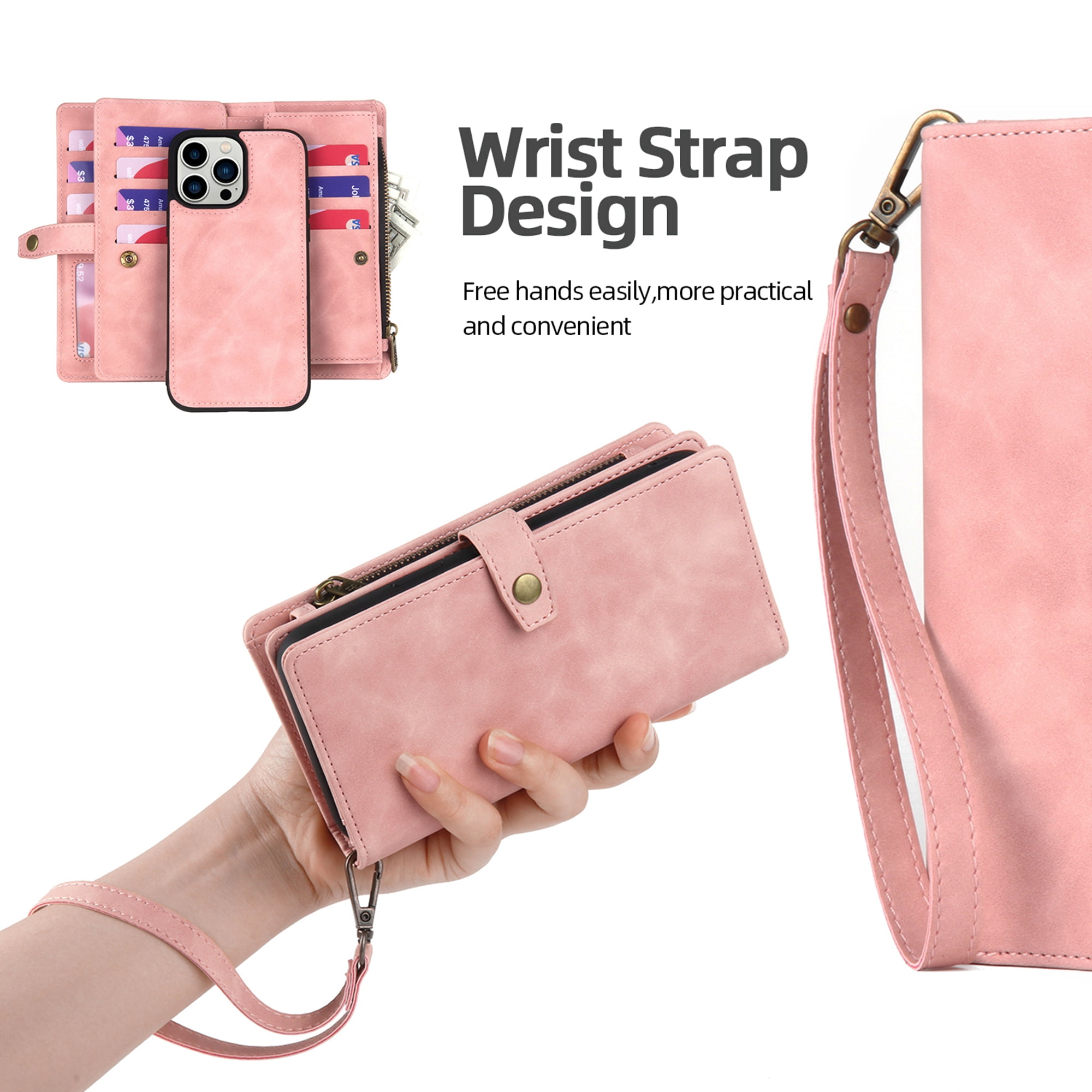 Dteck for iPhone 14 Pro Max Case, iPhone 14 Pro Max Case Wallet for Women Men, Durable PU Leather Magnetic Flip Lanyard Strap Wristlet Zipper Card Holder Phone Cases for iPhone 14 Pro Max,Pink