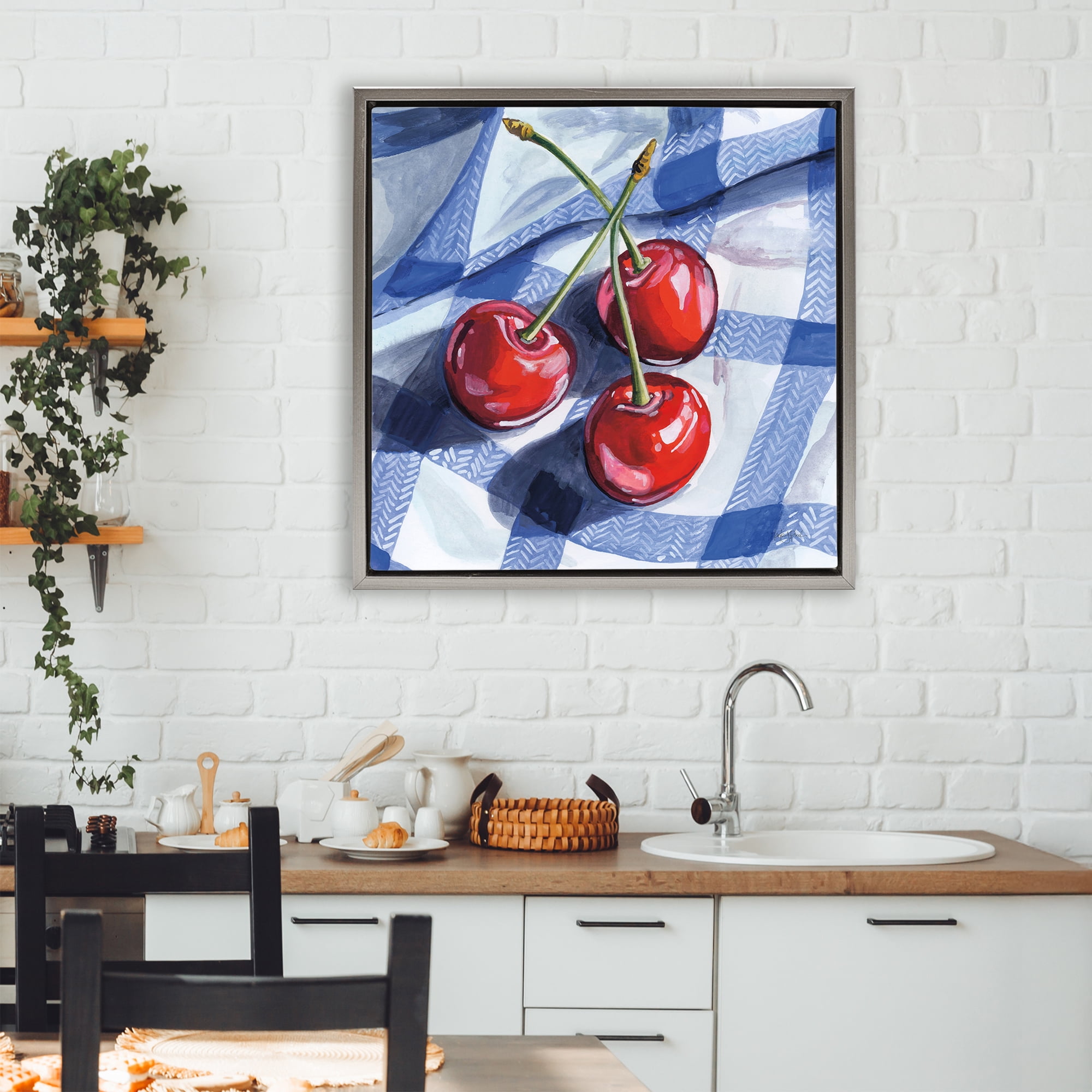 Stupell Industries Three Picnic Cherries on Gingham Gray Framed Floater Canvas Wall Art, design by Kate Jarvik Birch
