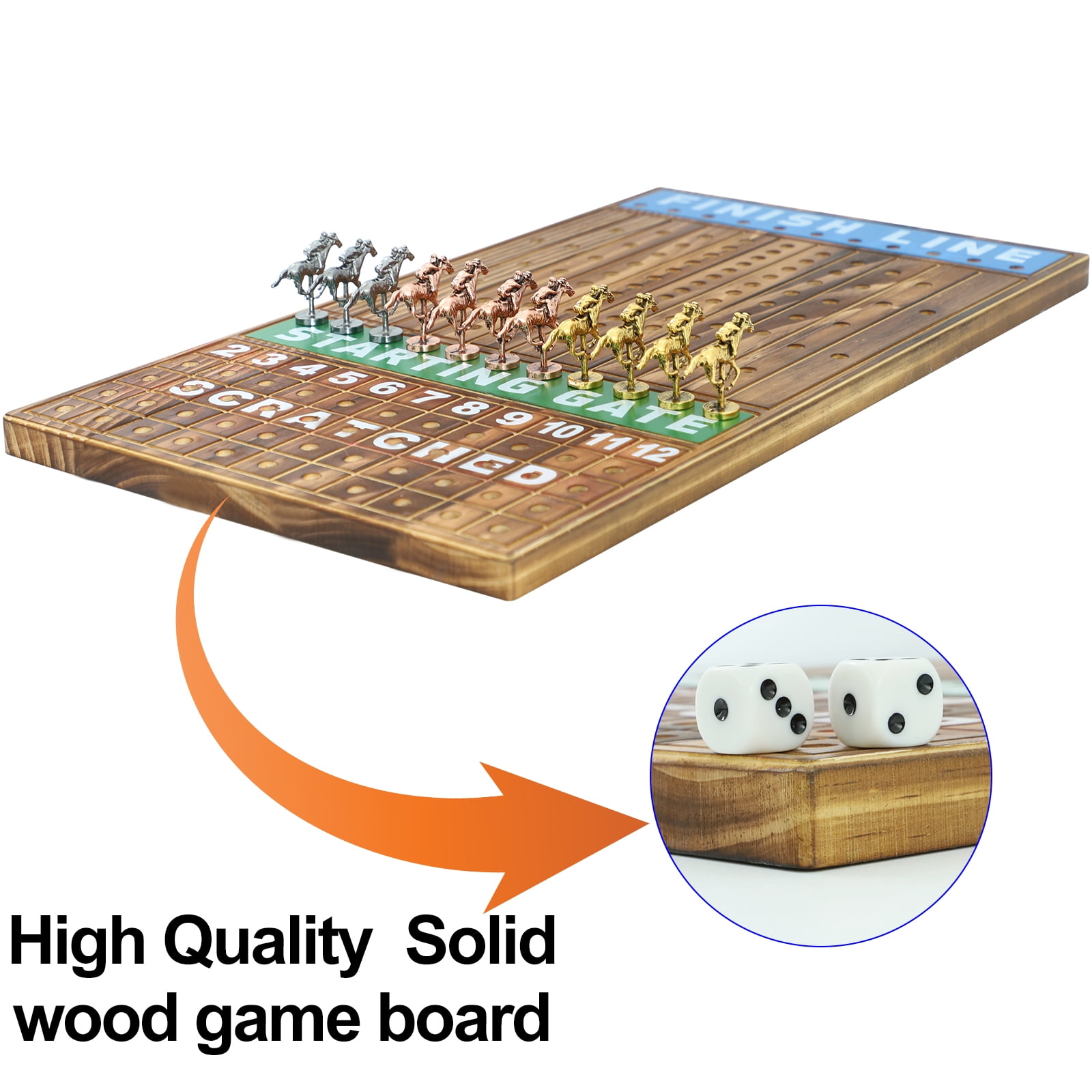 Horse Race Board Game Racing Game Thickened Pine with 11 Luxurious Durable Classic Metal Horses with 4 dice and 2 Boxes of Cards Across Finish Line Horse Racing Game