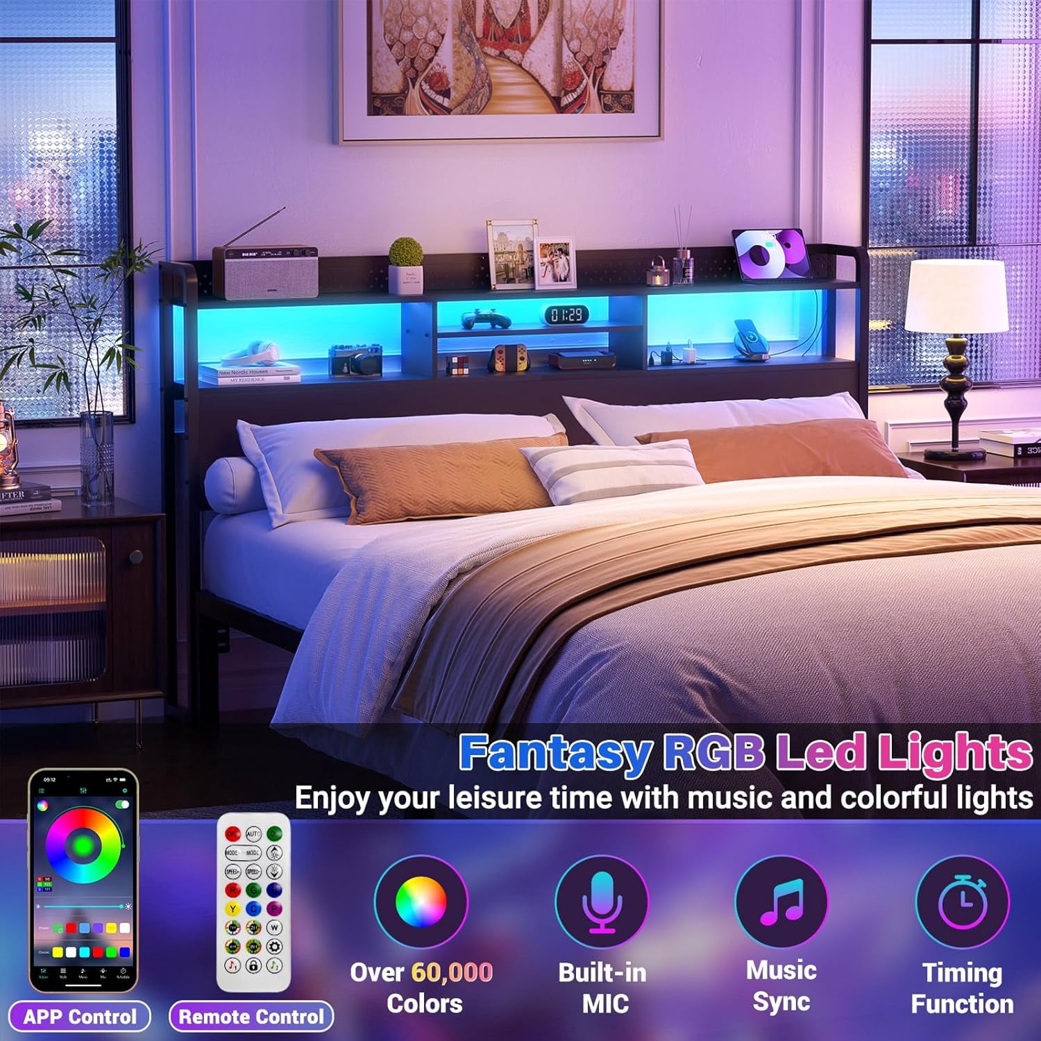 Homieasy Headboard for King Size Bed with Storage Shelf, Head board with 3 Outlets and 2 USB Ports, Headboards with RGB LED Light, Height Adjustable, Sturdy and Stable, Easy Assembly, Black