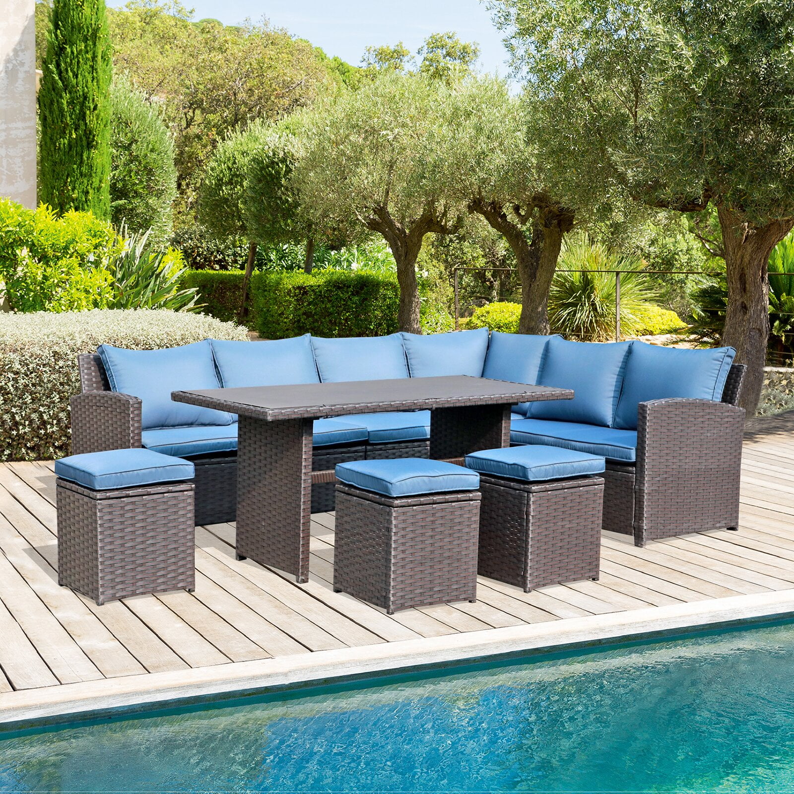 Binpal Wicker/Rattan 9 Person Seating Group with Cushions, 17'' H x