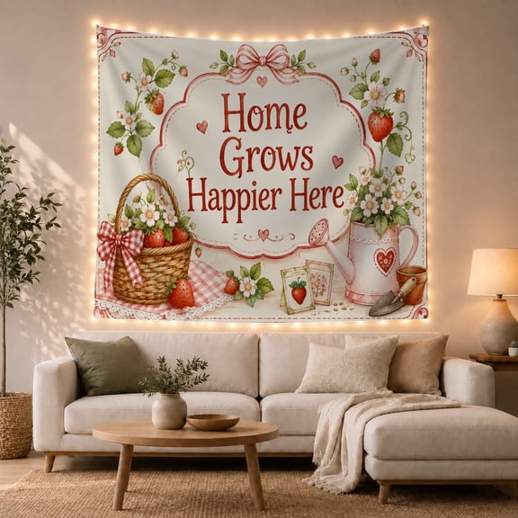 Home Grows Happier Here with Strawberry Basket, Cheerful Cottagecore Style for Garden Lovers, Farmhouse Wall Art, Housewarming Gift, Tapestry Wall Hanging for Kitchen and Entryway