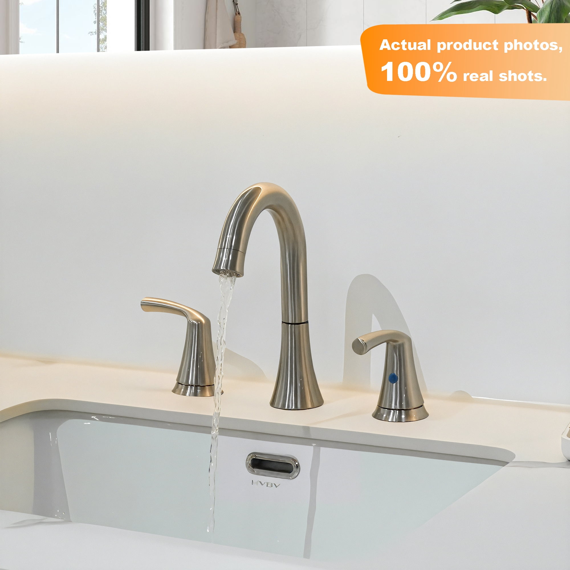 Sunrinx 8 Inch Widespread Bathroom Faucet Brushed Nickel 3 Hole Dual Handle Swivel High Arc Drain