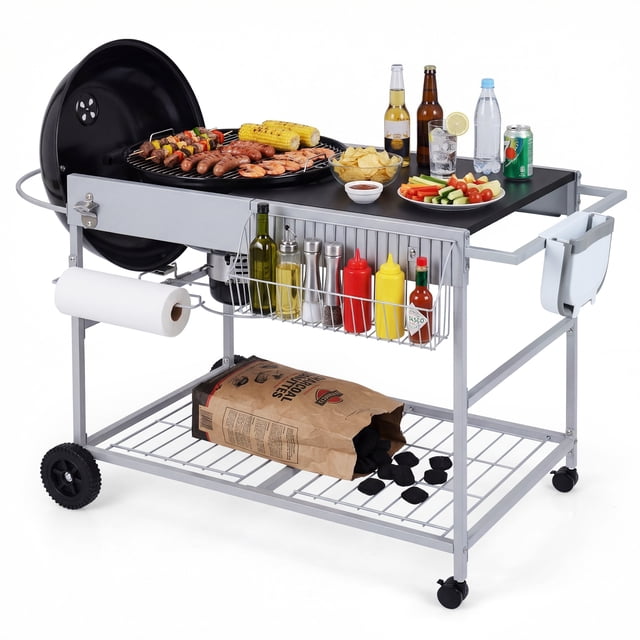 Costway Outdoor Grill Table for 18” & 22” Weber Original Kettle with Wire Rack, Garbage Can