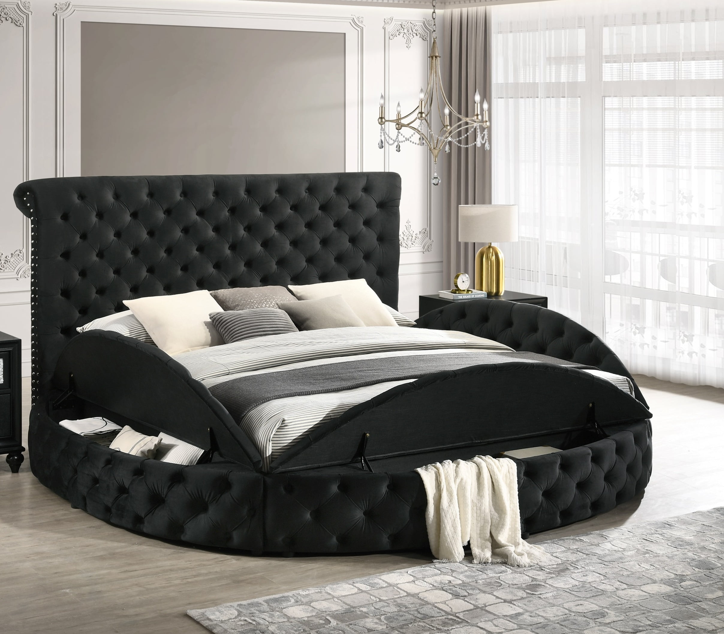 Bed Frame 1pc Unique Round Plush Black Velvet Button-Detailing Storage Bed King Size