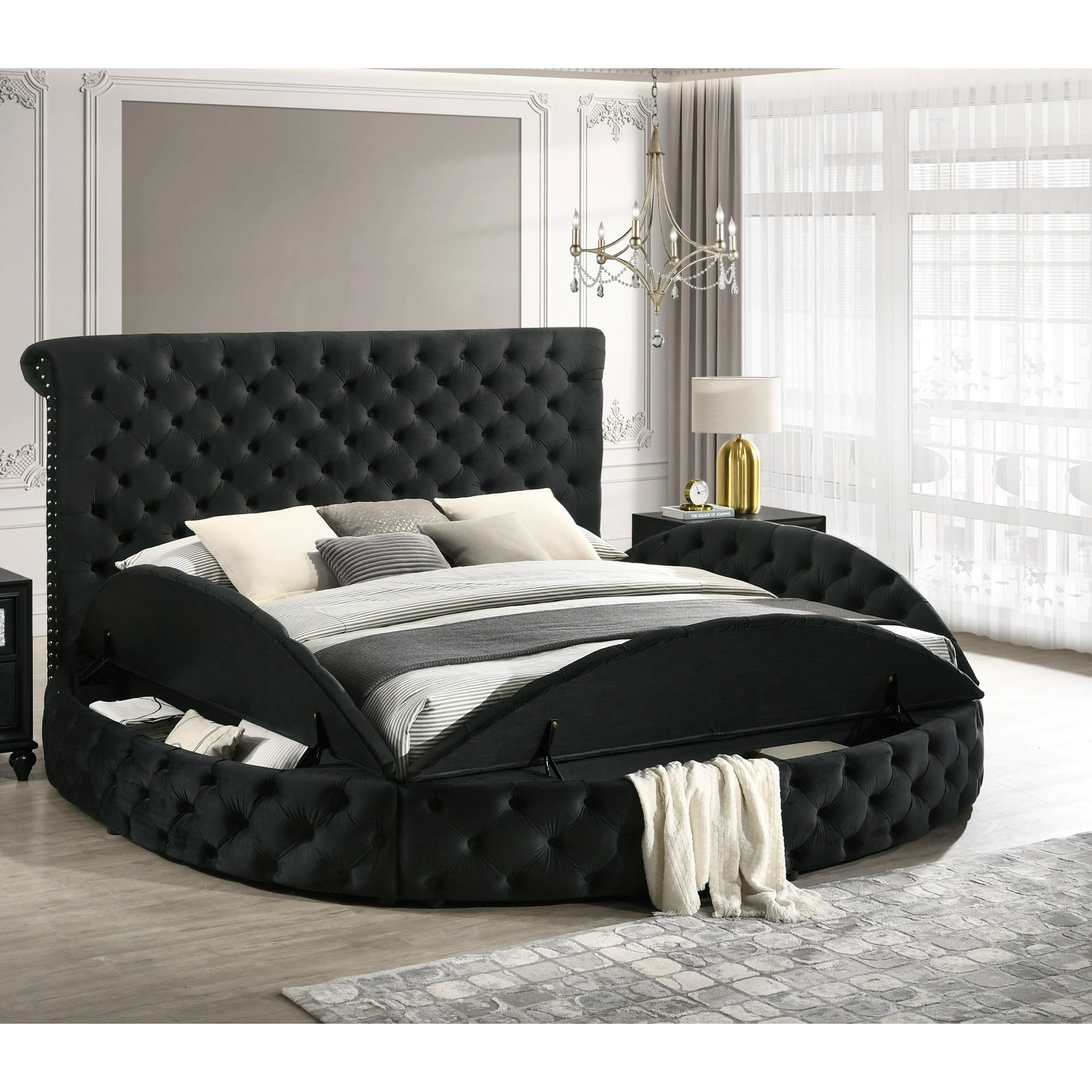 Queen Bed Frame, Round Upholstered Wooden Bed with Tufted Headboard and Footboard Storage, Black Velvet with Nailhead Trim, 104" x 78.3" x 54.4", Modern Glam Style for Bedroom