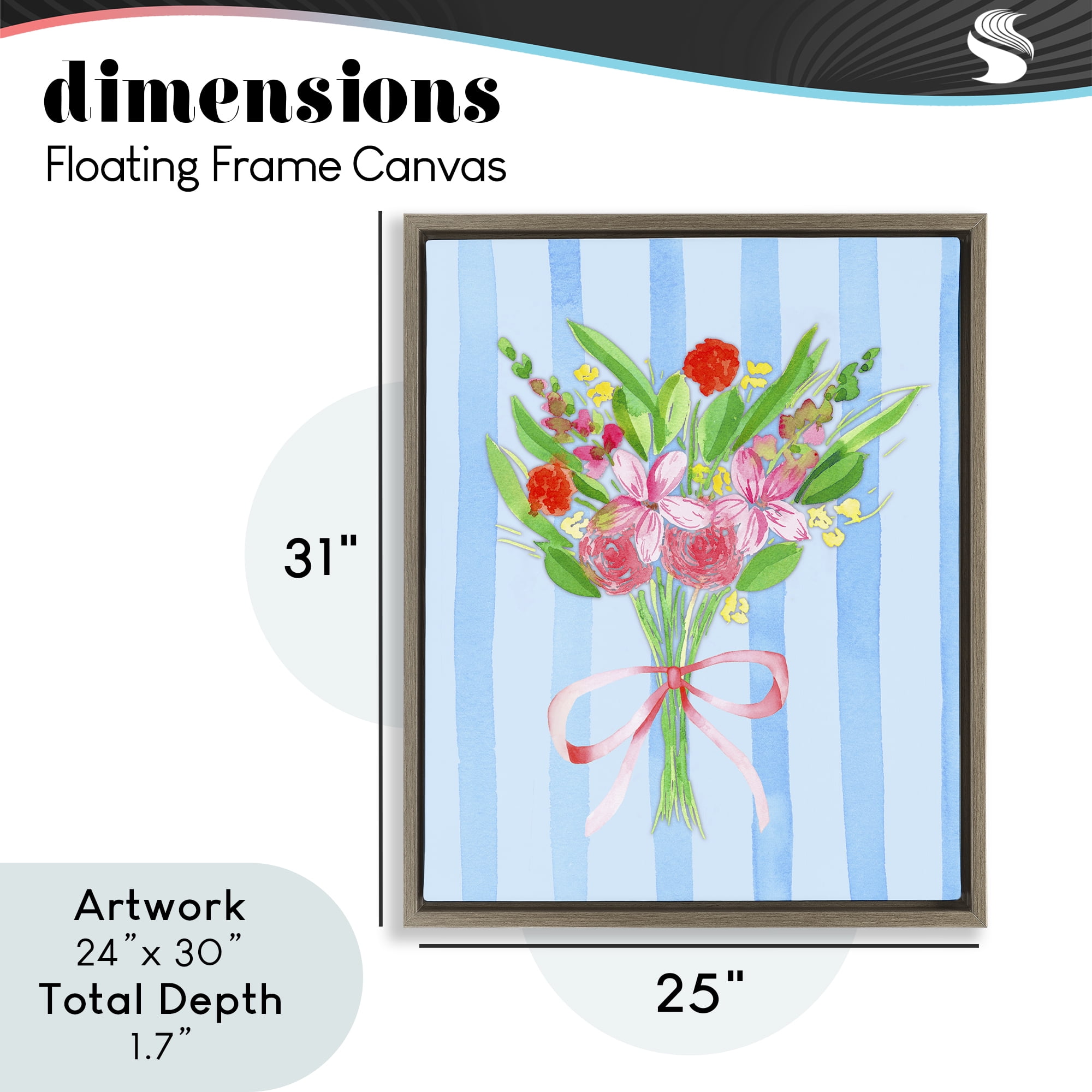 Blue and Pink Bouquet & Bow Brown Framed Floater Canvas Wall Art, design by Nina Jacobs